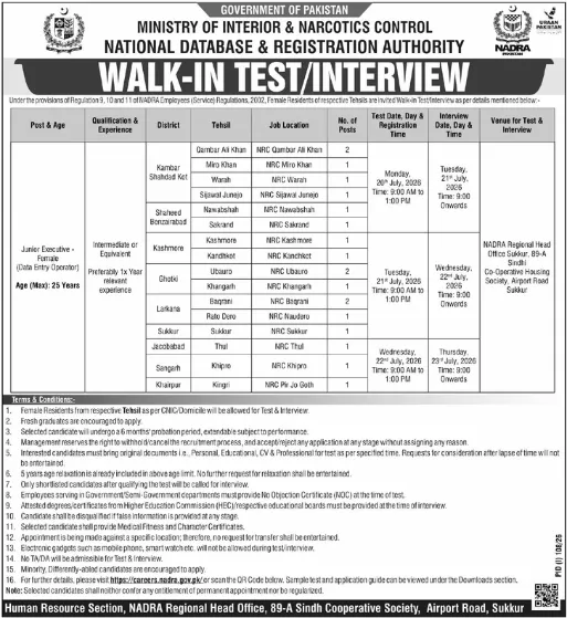 NADRA Jobs 2026 Data Entry Operator for Females – Eligibility & Schedule